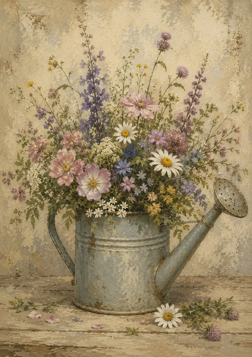 Vintage galvanized watering can filled with pink, purple, yellow, blue, and white cottage wildflowers